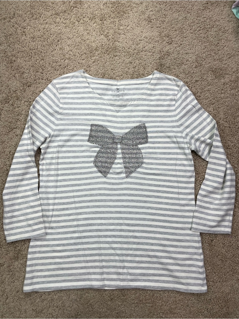 Talbots Gray & White Striped Cotton Top with Beaded Bow